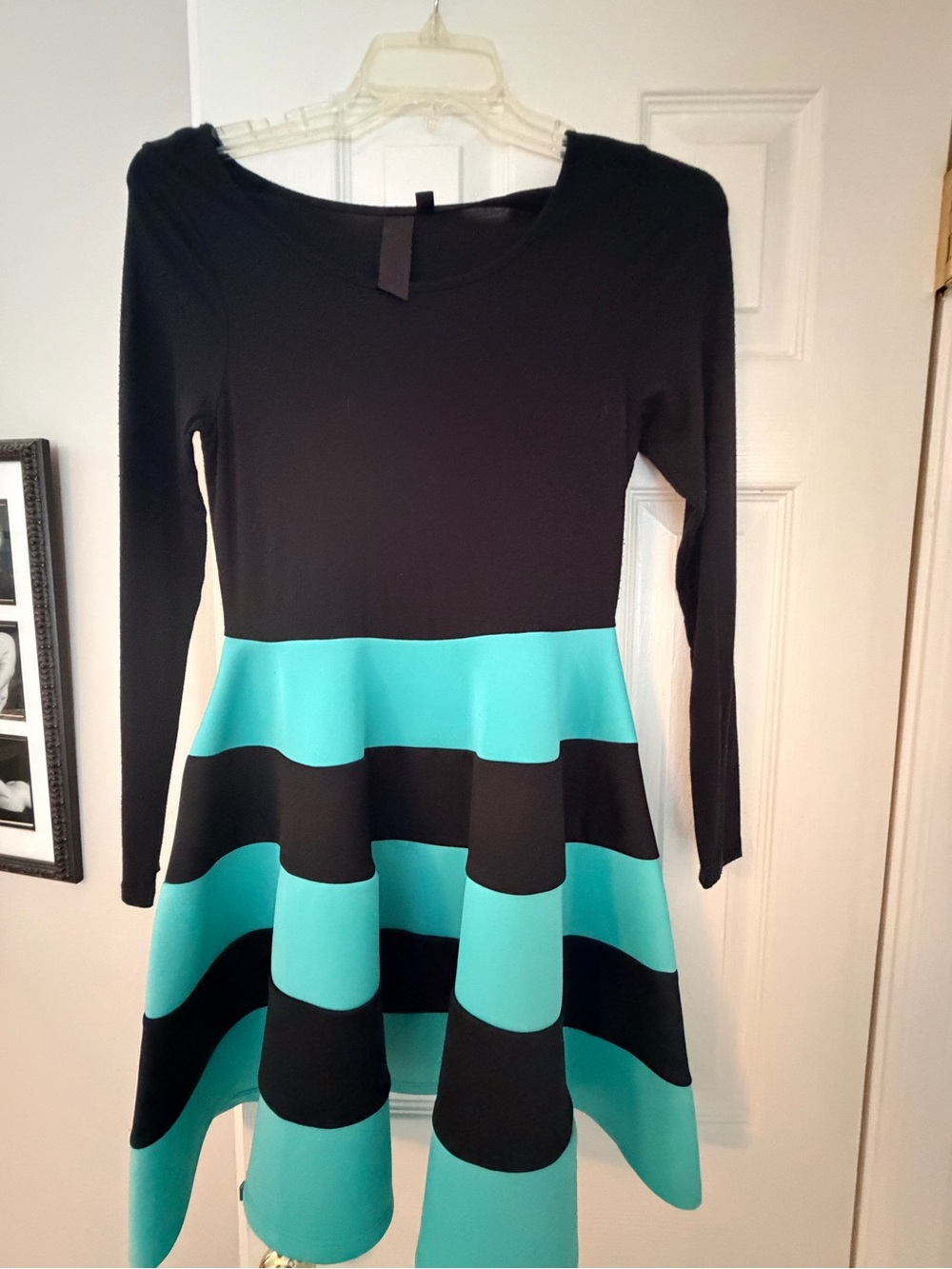 Black and Aqua Stripe Fit-and-Flare Dress